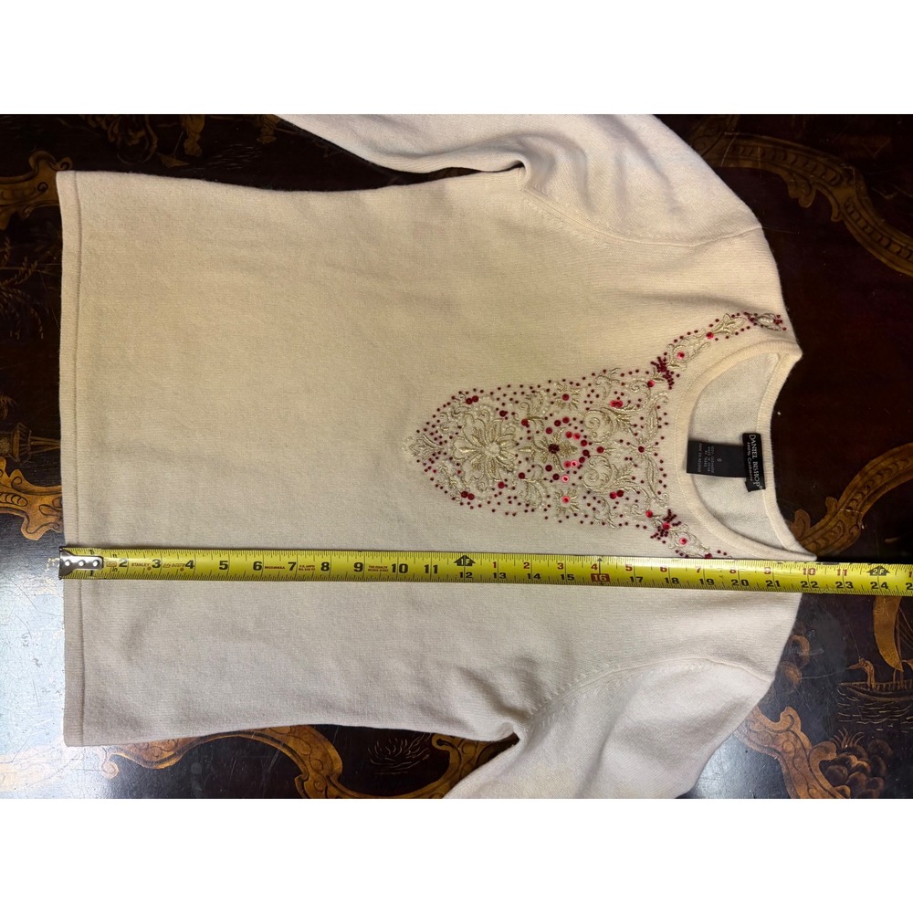 Vtg Daniel Bishop Cream Cashmere Sweater Red Beaded Embroidered Holiday Glam S - Picture 7 of 12